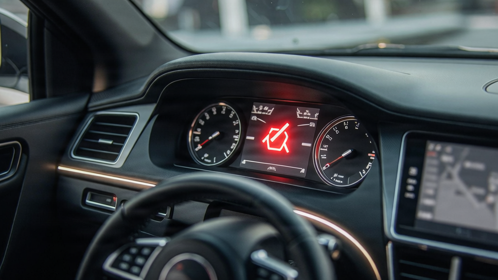 Close-up of a modern European car dashboard with a glowing red check engine light.